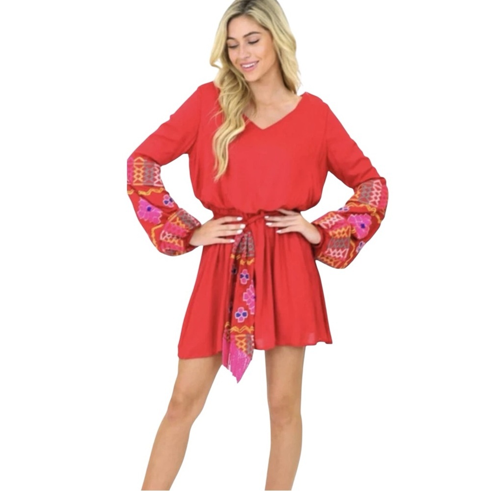 Judith March Gypsy Embroidered Red Belted Long Sleeve Boho Festival Dress
